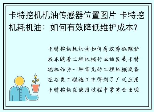 卡特挖机机油传感器位置图片 卡特挖机耗机油：如何有效降低维护成本？